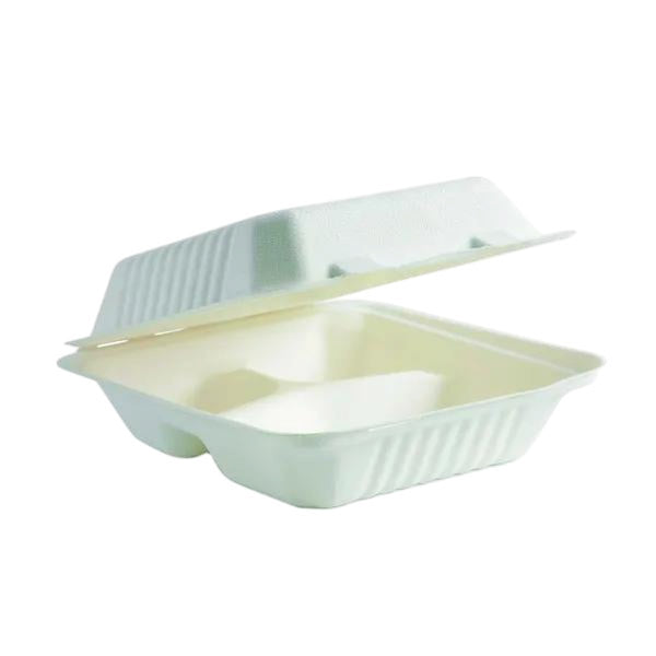 22x22x8cm/8x8x3" 3-Compartment White Sugarcane Clamshell 200pcs