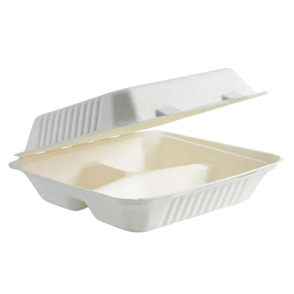 23x23x8cm/9x9x3" 3-Compartment White Sugarcane Clamshell 200pcs