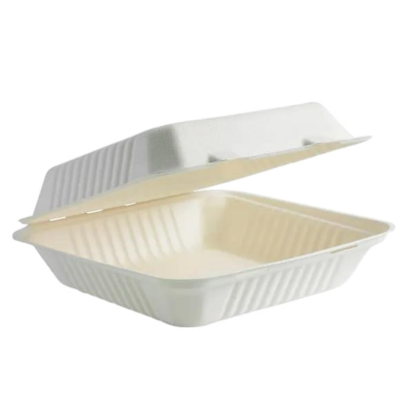 23x23x8cm/9x9x3" White Sugarcane Clamshell 200pcs